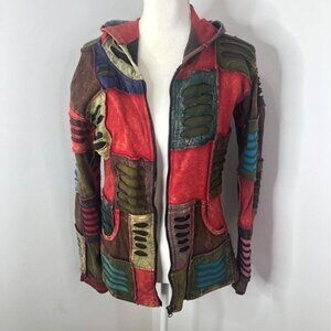 Rising International Womens Razor Cut Patchwork Hooded Jacket Sz M Zipper Boho